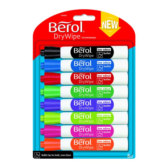 Berol Drywipe Whiteboard Markers Bullet Tip Assorted Pack of 8
